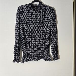 Adrienne Vittadini Black White Geometric Mock Neck Long Sleeve Rayon Blouse XL